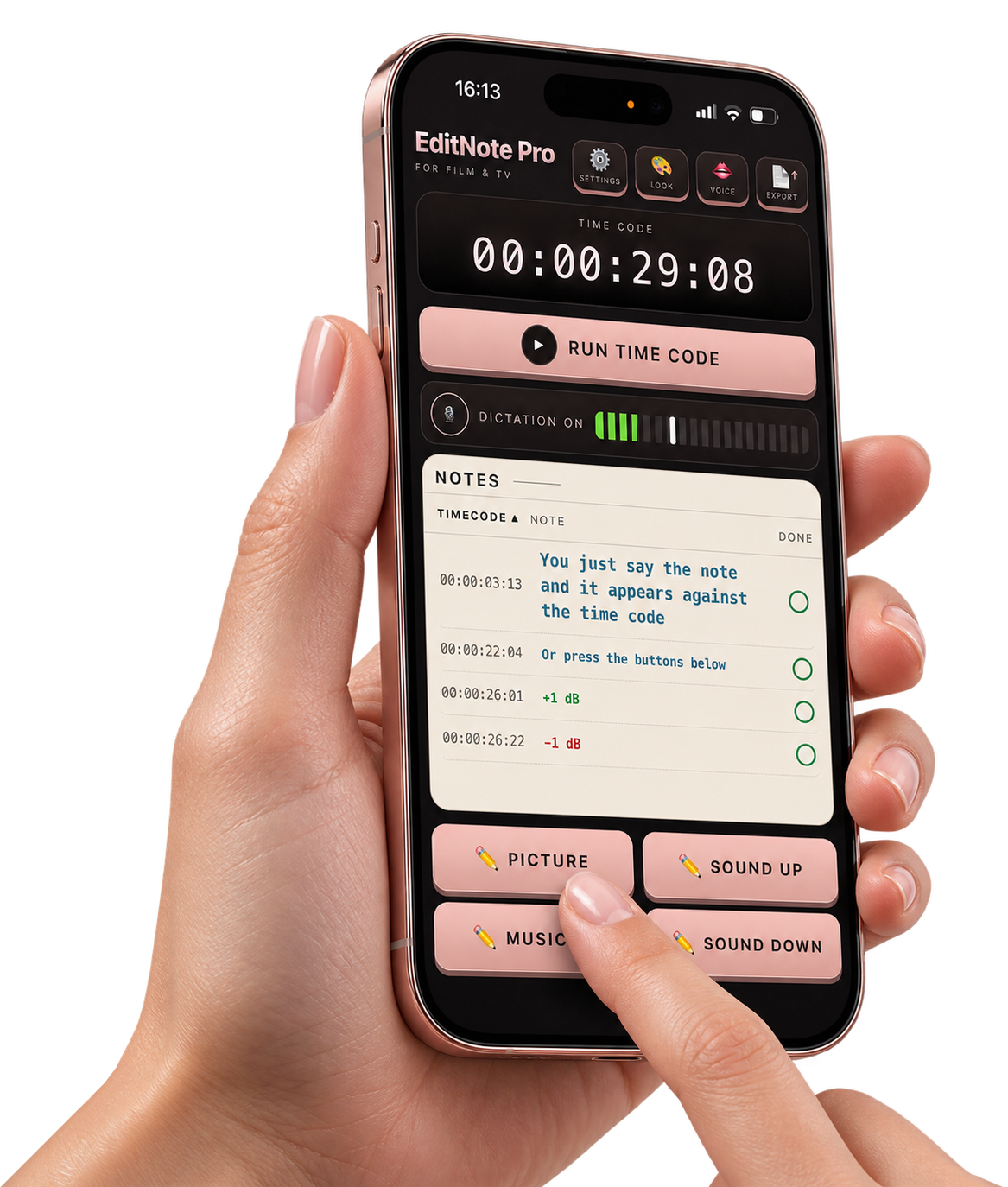 A hand holding an iPhone running EditNote Pro in Rose Gold, with timecoded notes and quick note buttons.
